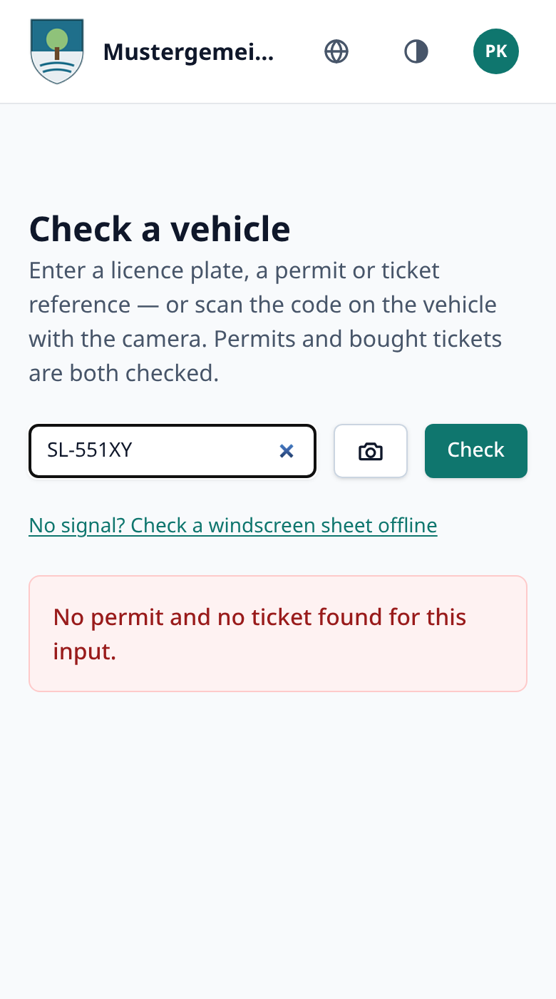 A licence plate with no permit and no ticket: the application reports that nothing was found for this input.