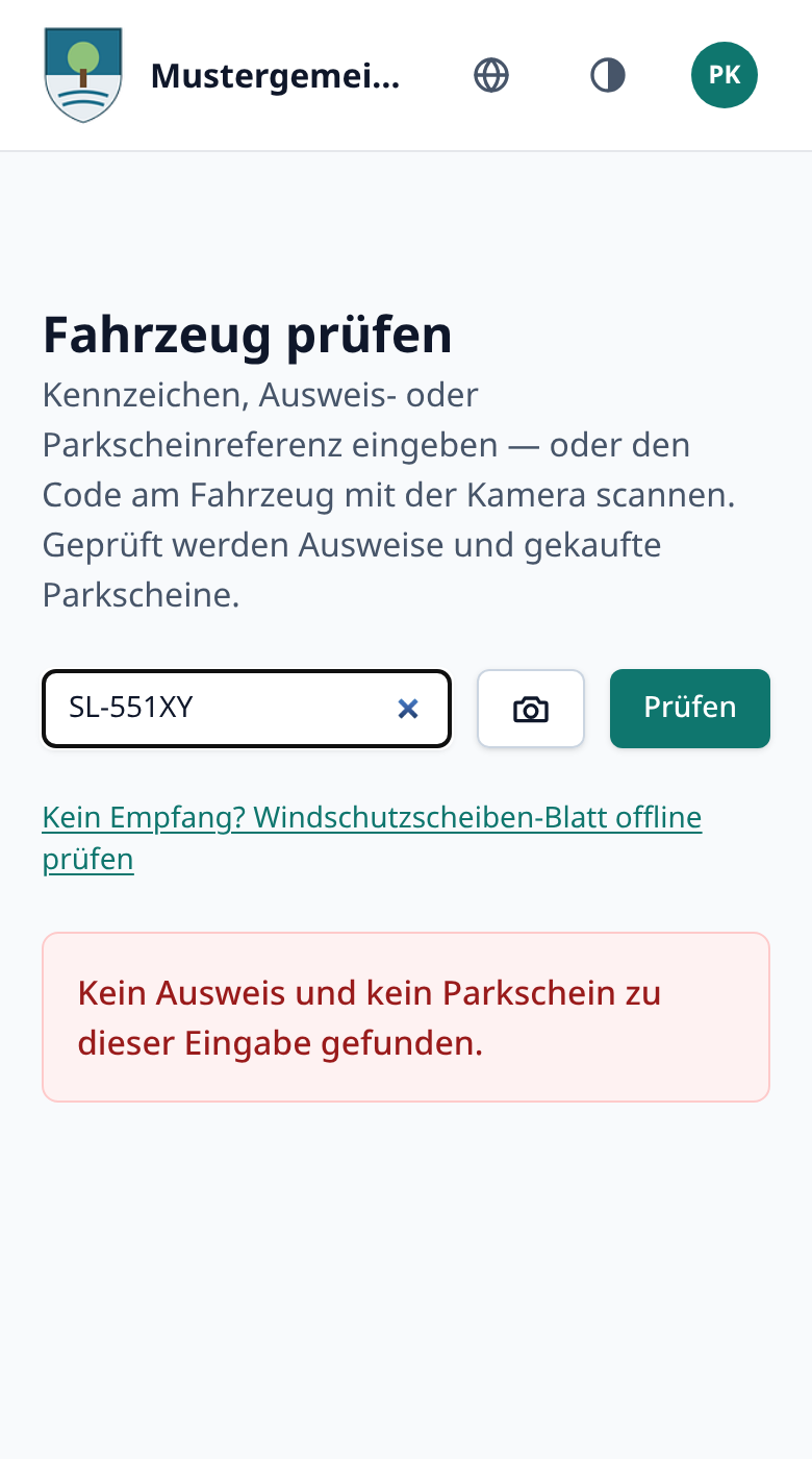 Ein Kennzeichen ohne Ausweis und ohne Parkschein: Die Anwendung meldet, dass zu dieser Eingabe nichts gefunden wurde.