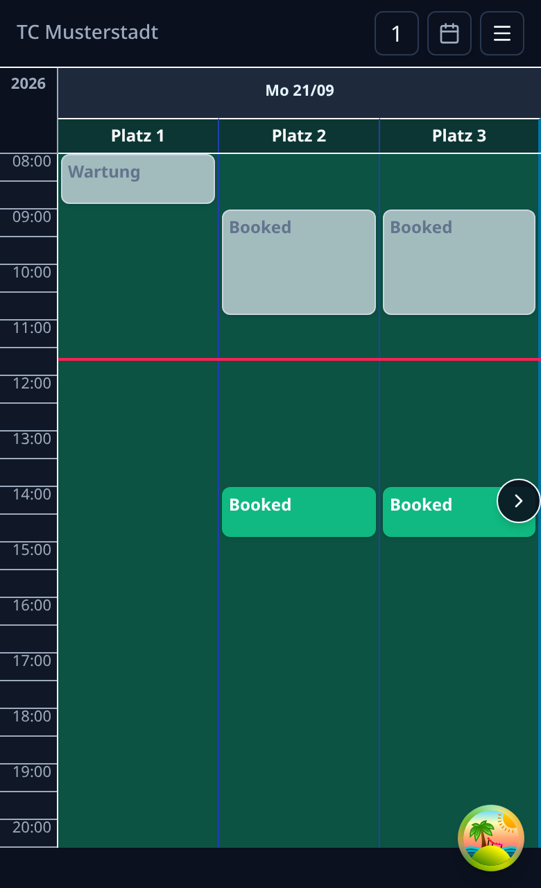 The same day view in dark mode: courts, times and bookings unchanged on a dark ground.
