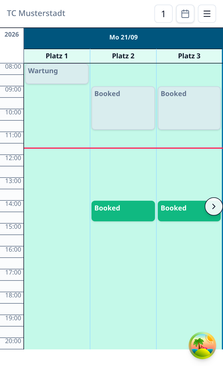 A member's court booking on the phone: the day view with three courts from 8 am to 8 pm, booked slots shown without names, maintenance on court 1, and a red line marking the current time.