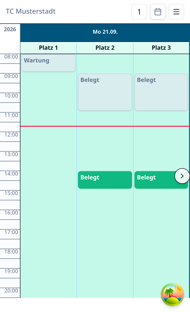 Die Platzbuchung eines Mitglieds am Telefon: die Tagesansicht mit drei Plätzen von 8 bis 20 Uhr, belegte Zeiten ohne Namen, eine Wartung auf Platz 1 und eine rote Linie für die aktuelle Uhrzeit.
