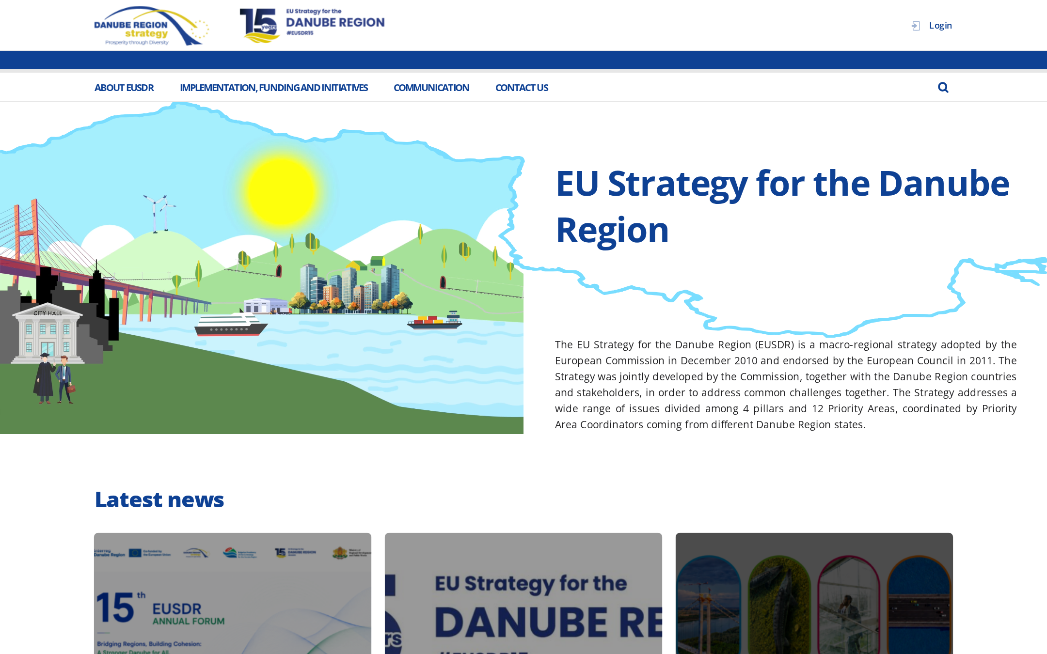 Die Startseite von danube-region.eu: eine illustrierte Donaulandschaft neben dem Titel der Strategie, darüber die Hauptnavigation und rechts oben der Zugang zum Intranet.