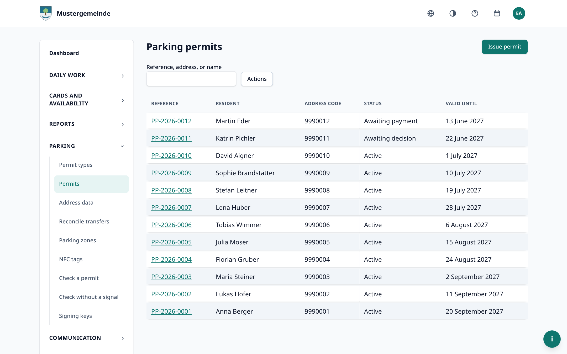 The list of parking permits in the administration: reference, resident, address code, a status such as active, payment outstanding or awaiting decision, and the expiry date.