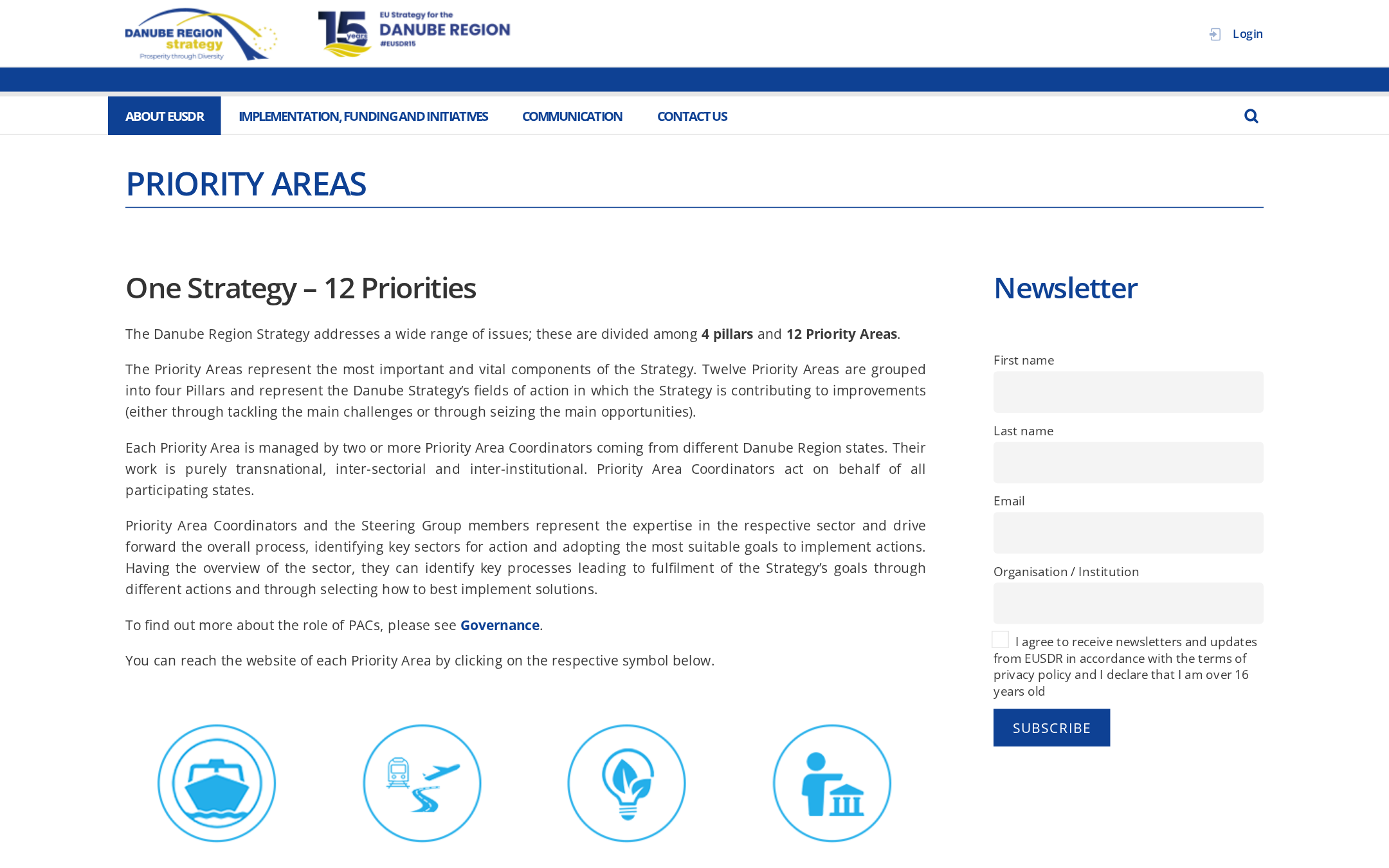Die Seite zu den zwölf Prioritätsbereichen der Strategie: ein erklärender Text, darunter ein Symbol je Bereich, daneben die Anmeldung zum Newsletter.