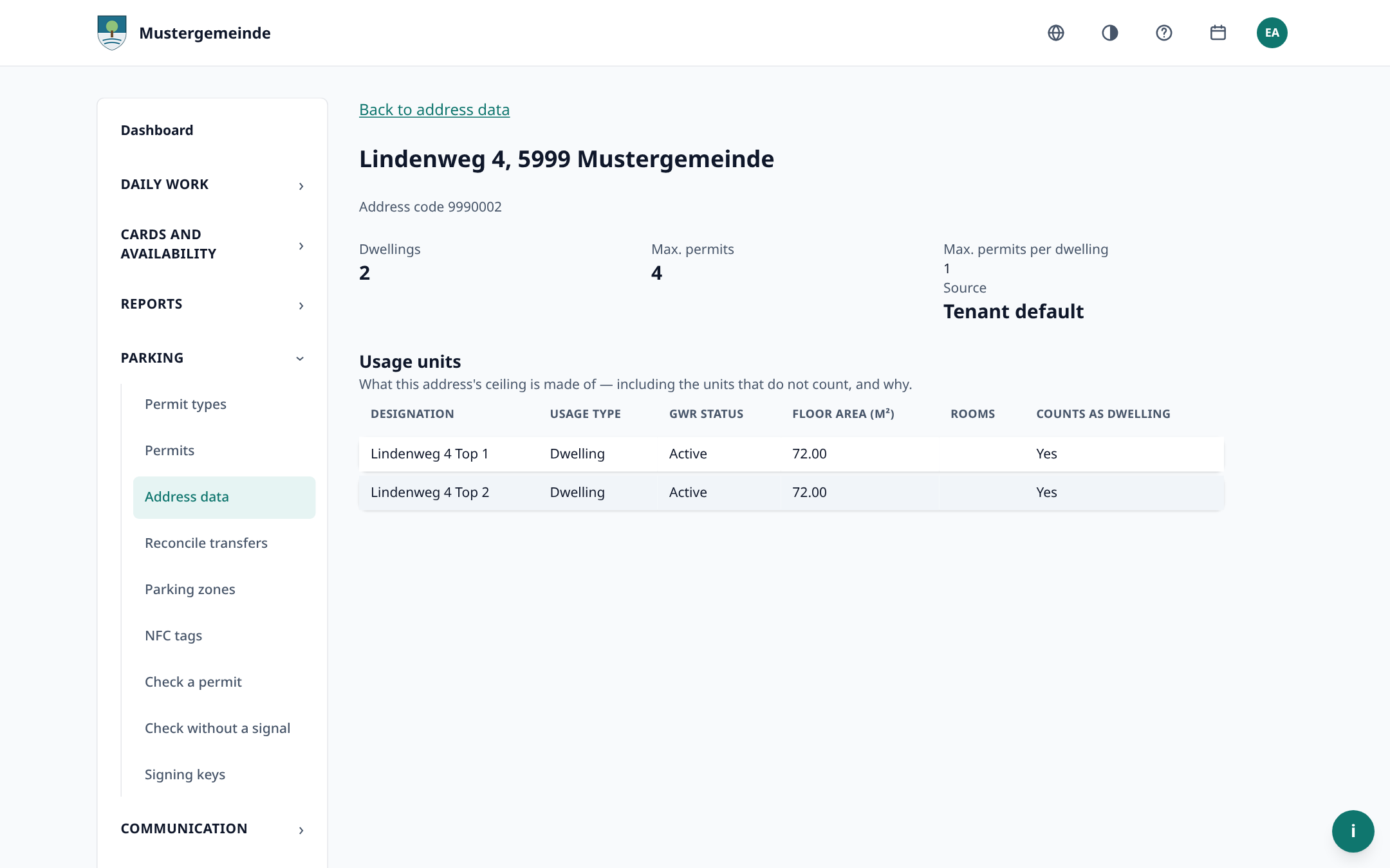 One address's quota in the administration: Lindenweg 4 with two dwellings and at most four permits, and beneath it the units from the building register it is made of.