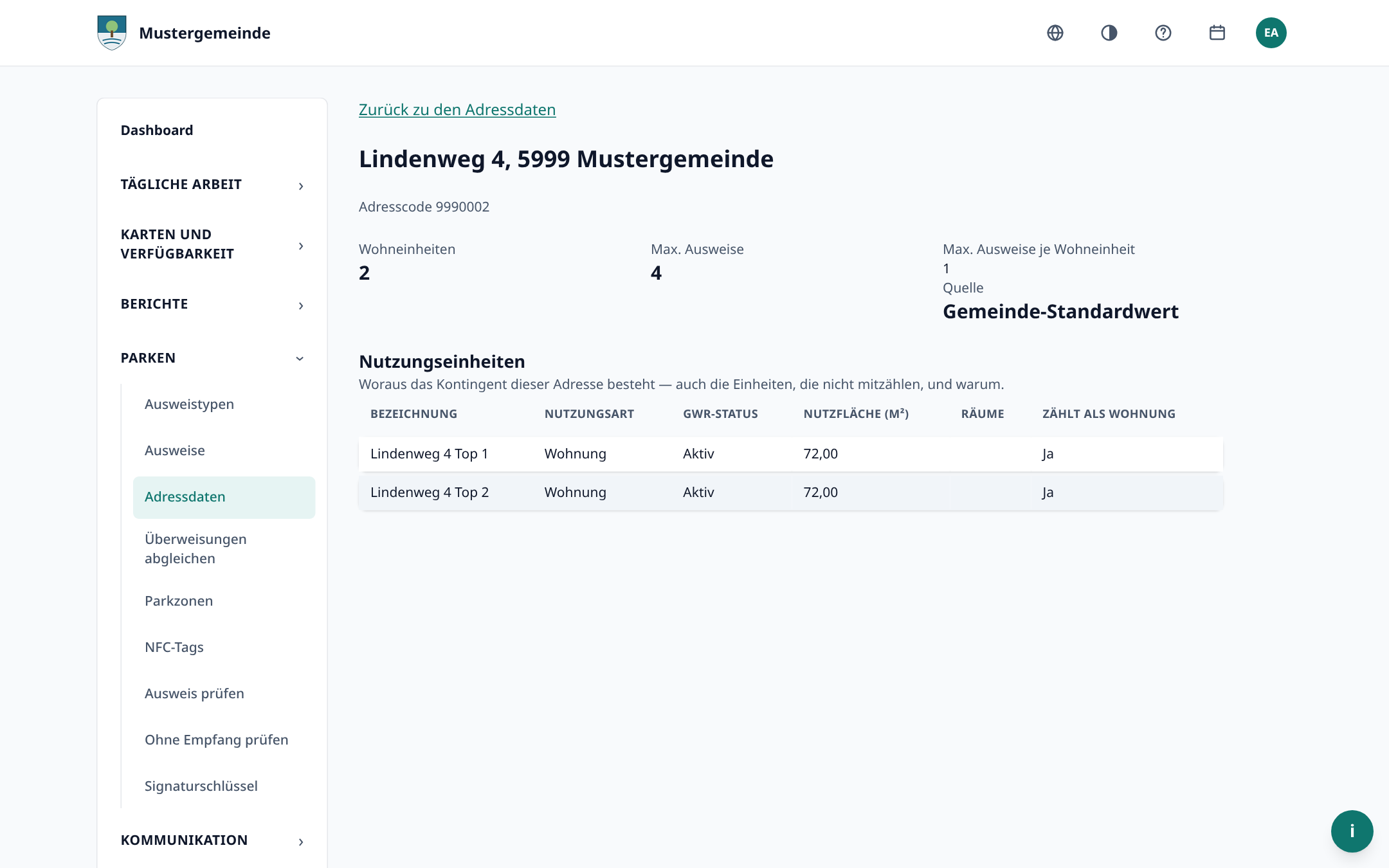 Das Kontingent einer Adresse in der Verwaltung: Lindenweg 4 mit zwei Wohneinheiten und höchstens vier Ausweisen, darunter die Nutzungseinheiten aus dem Gebäuderegister, aus denen sich das ergibt.