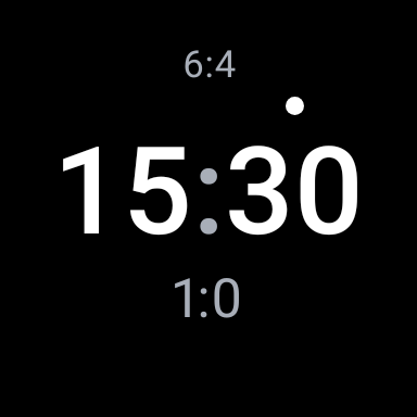 Tennis-Spielstand auf der Uhr: 15:30 im laufenden Game, 6:4 in Games, 1:0 in Sätzen; der Punkt zeigt, wer aufschlägt.
